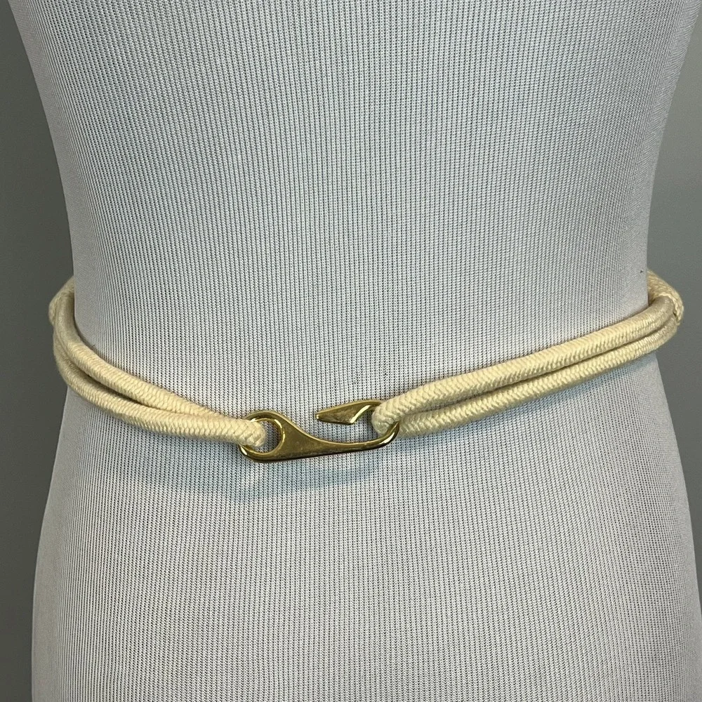 Vintage Women's Braided Woven Belt Macrame Size S/M Ivory Tan Gold Tone